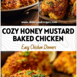 Golden baked honey mustard chicken breast and thighs with a crunchy breaded coating in a rustic pan.
